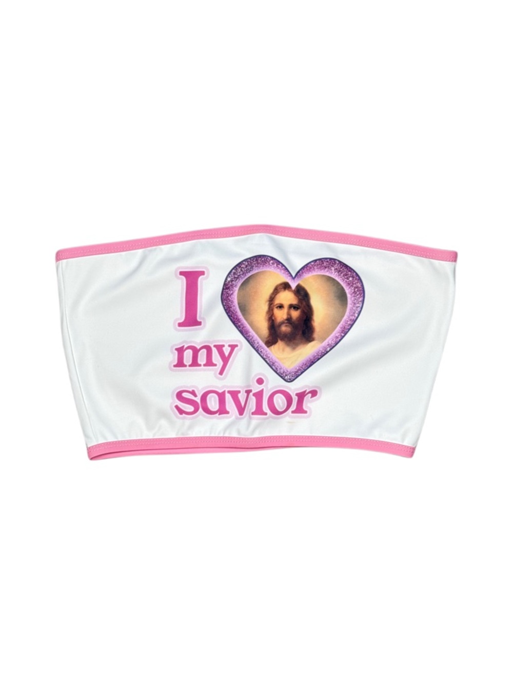 White Bandeau Tube Top with Pink Trim and 'I ♥ my savior' Graphic